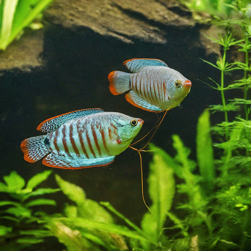 Dwarf gourami in planted tank with a cave
